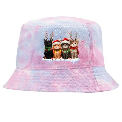 Merry Catmas Cat Christmas Lights Reindeer Red Santa Hat Tie-Dyed Bucket Hat