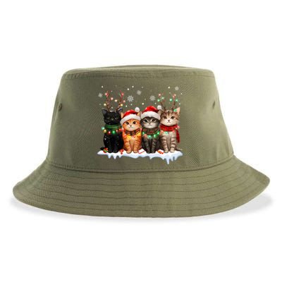 Merry Catmas Cat Christmas Lights Reindeer Red Santa Hat Sustainable Bucket Hat