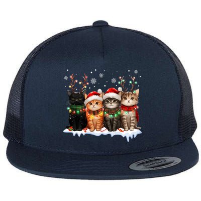 Merry Catmas Cat Christmas Lights Reindeer Red Santa Hat Flat Bill Trucker Hat