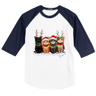 Merry Catmas Cat Christmas Lights Reindeer Red Santa Hat Baseball Sleeve Shirt