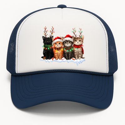 Merry Catmas Cat Christmas Lights Reindeer Red Santa Hat Trucker Hat