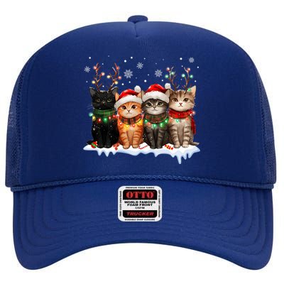 Merry Catmas Cat Christmas Lights Reindeer Red Santa Hat High Crown Mesh Back Trucker Hat