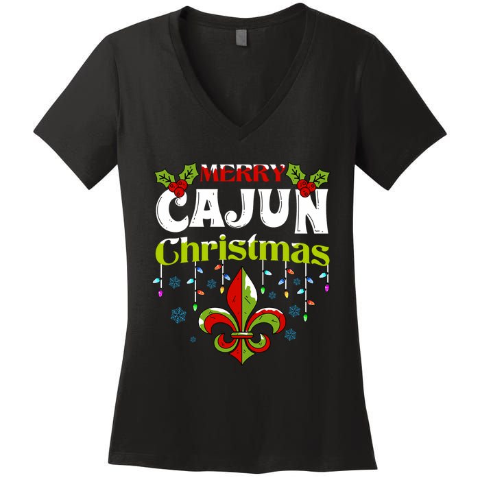 Merry Cajun Christmasnew Orleans Louisiana Bayou Xmas Long Sleeve Women's V-Neck T-Shirt