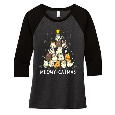 Meowy Catmas Cat Christmas Tree Xmas Funny Santa Women's Tri-Blend 3/4-Sleeve Raglan Shirt