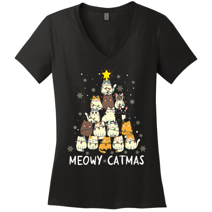 Meowy Catmas Cat Christmas Tree Xmas Funny Santa Women's V-Neck T-Shirt