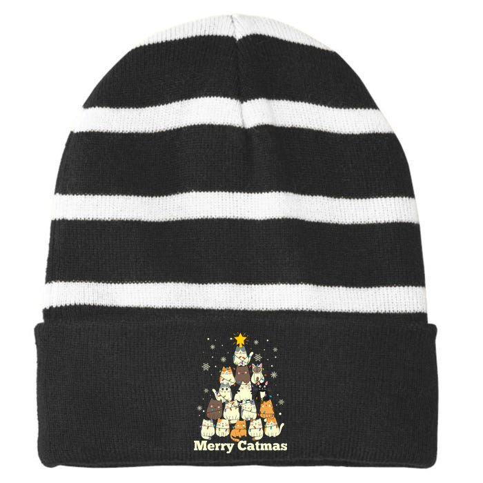 Merry Catmas Cat Lover Christmas Long Sleeve Striped Beanie with Solid Band