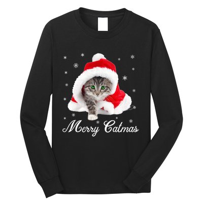 Merry Catmas Cute Cat Kitten Santa Hat Christmas Gift Funny Long Sleeve Shirt