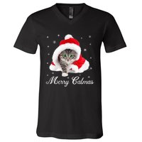 Merry Catmas Cute Cat Kitten Santa Hat Christmas Gift Funny V-Neck T-Shirt