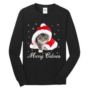 Merry Catmas Cute Cat Kitten Santa Hat Christmas Gift Funny Tall Long Sleeve T-Shirt