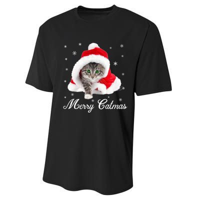 Merry Catmas Cute Cat Kitten Santa Hat Christmas Gift Funny Performance Sprint T-Shirt