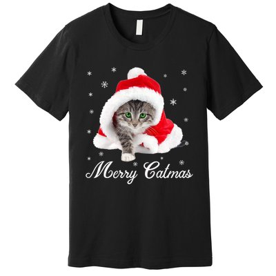 Merry Catmas Cute Cat Kitten Santa Hat Christmas Gift Funny Premium T-Shirt