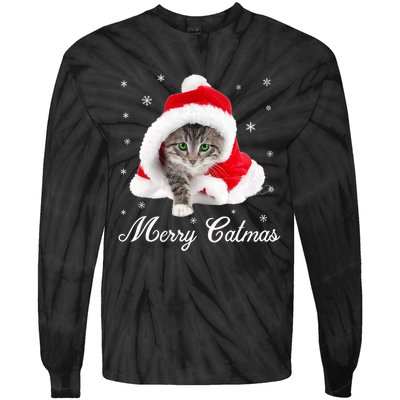 Merry Catmas Cute Cat Kitten Santa Hat Christmas Gift Funny Tie-Dye Long Sleeve Shirt