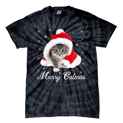 Merry Catmas Cute Cat Kitten Santa Hat Christmas Gift Funny Tie-Dye T-Shirt