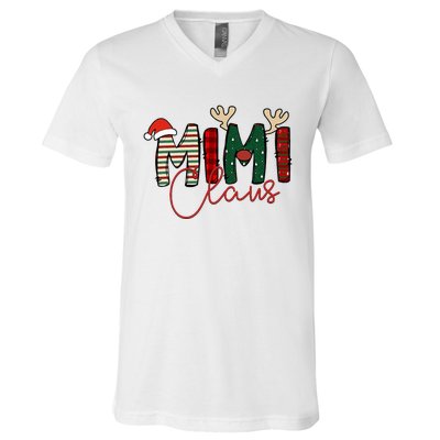 Mimi Claus Christmas Santa Hat Reindeer Grandma Grandkids V-Neck T-Shirt