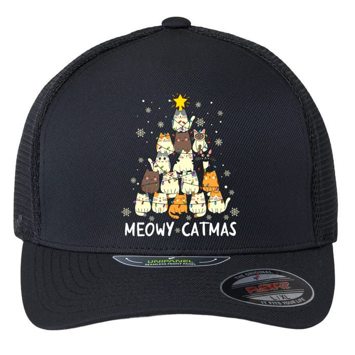 Meowy Catmas Cat Christmas Tree Xmas Funny Santa Flexfit Unipanel Trucker Cap