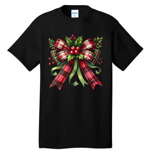 Merry Christmas Cute Red Plaid Coquette Bow Xmas Gift Tall T-Shirt