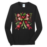 Merry Christmas Cute Red Plaid Coquette Bow Xmas Gift Tall Long Sleeve T-Shirt