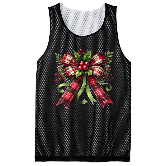 Merry Christmas Cute Red Plaid Coquette Bow Xmas Gift Mesh Reversible Basketball Jersey Tank