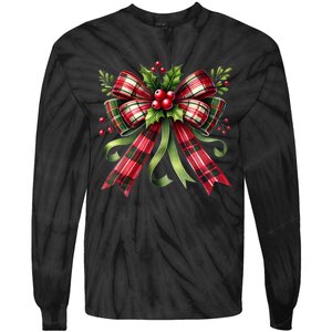 Merry Christmas Cute Red Plaid Coquette Bow Xmas Gift Tie-Dye Long Sleeve Shirt