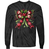 Merry Christmas Cute Red Plaid Coquette Bow Xmas Gift Tie-Dye Long Sleeve Shirt