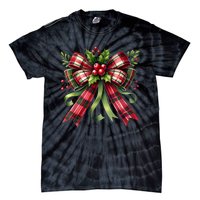 Merry Christmas Cute Red Plaid Coquette Bow Xmas Gift Tie-Dye T-Shirt