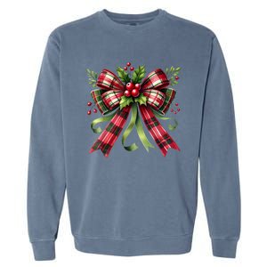 Merry Christmas Cute Red Plaid Coquette Bow Xmas Gift Garment-Dyed Sweatshirt