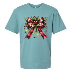 Merry Christmas Cute Red Plaid Coquette Bow Xmas Gift Sueded Cloud Jersey T-Shirt