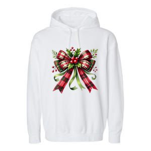 Merry Christmas Cute Red Plaid Coquette Bow Xmas Gift Garment-Dyed Fleece Hoodie