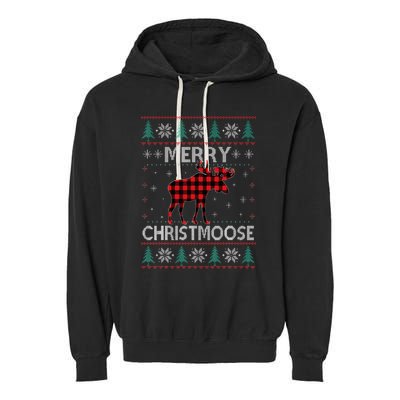 Merry Christmoose Christmas Moose Red Plaid Ugly Sweater Garment-Dyed Fleece Hoodie