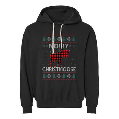 Merry Christmoose Christmas Moose Red Plaid Ugly Sweater Garment-Dyed Fleece Hoodie