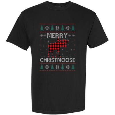 Merry Christmoose Christmas Moose Red Plaid Ugly Sweater Garment-Dyed Heavyweight T-Shirt