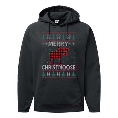 Merry Christmoose Christmas Moose Red Plaid Ugly Sweater Performance Fleece Hoodie