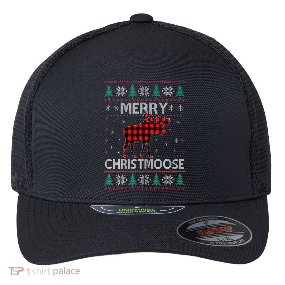 Merry Christmoose Christmas Moose Red Plaid Ugly Sweater Flexfit Unipanel Trucker Cap