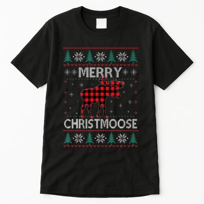 Merry Christmoose Christmas Moose Red Plaid Ugly Sweater Tall T-Shirt