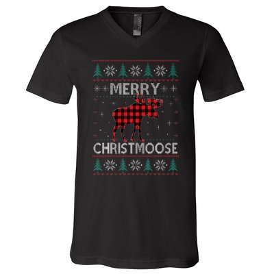 Merry Christmoose Christmas Moose Red Plaid Ugly Sweater V-Neck T-Shirt