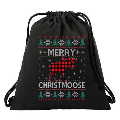 Merry Christmoose Christmas Moose Red Plaid Ugly Sweater Drawstring Bag