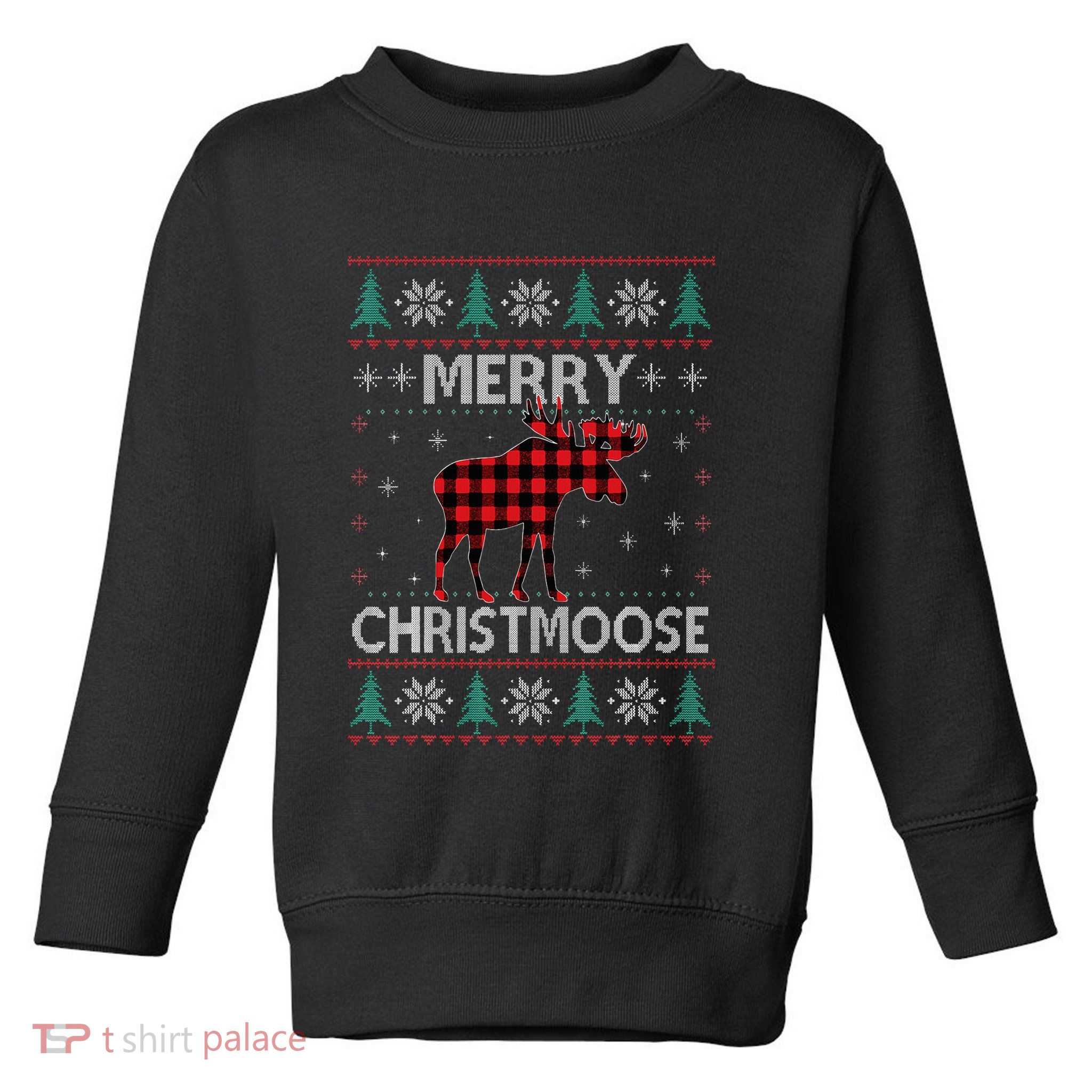 Merry Christmoose Christmas Moose Red Plaid Ugly Sweater Toddler Sweatshirt