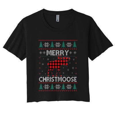 Merry Christmoose Christmas Moose Red Plaid Ugly Sweater Crop Top