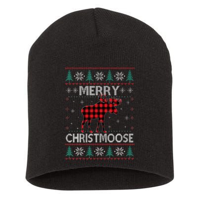 Merry Christmoose Christmas Moose Red Plaid Ugly Sweater Short Acrylic Beanie