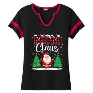 Mom Claus Christmas Tree Lights Mama Red Plaid Santa Pajamas Gift Ladies Halftime Notch Neck Tee