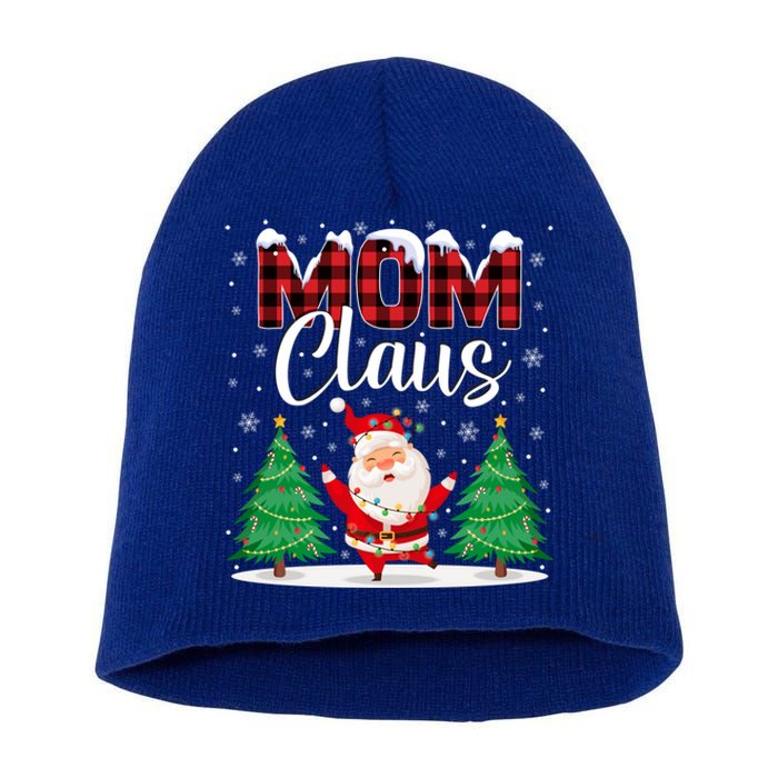 Mom Claus Christmas Tree Lights Mama Red Plaid Santa Pajamas Gift Short Acrylic Beanie