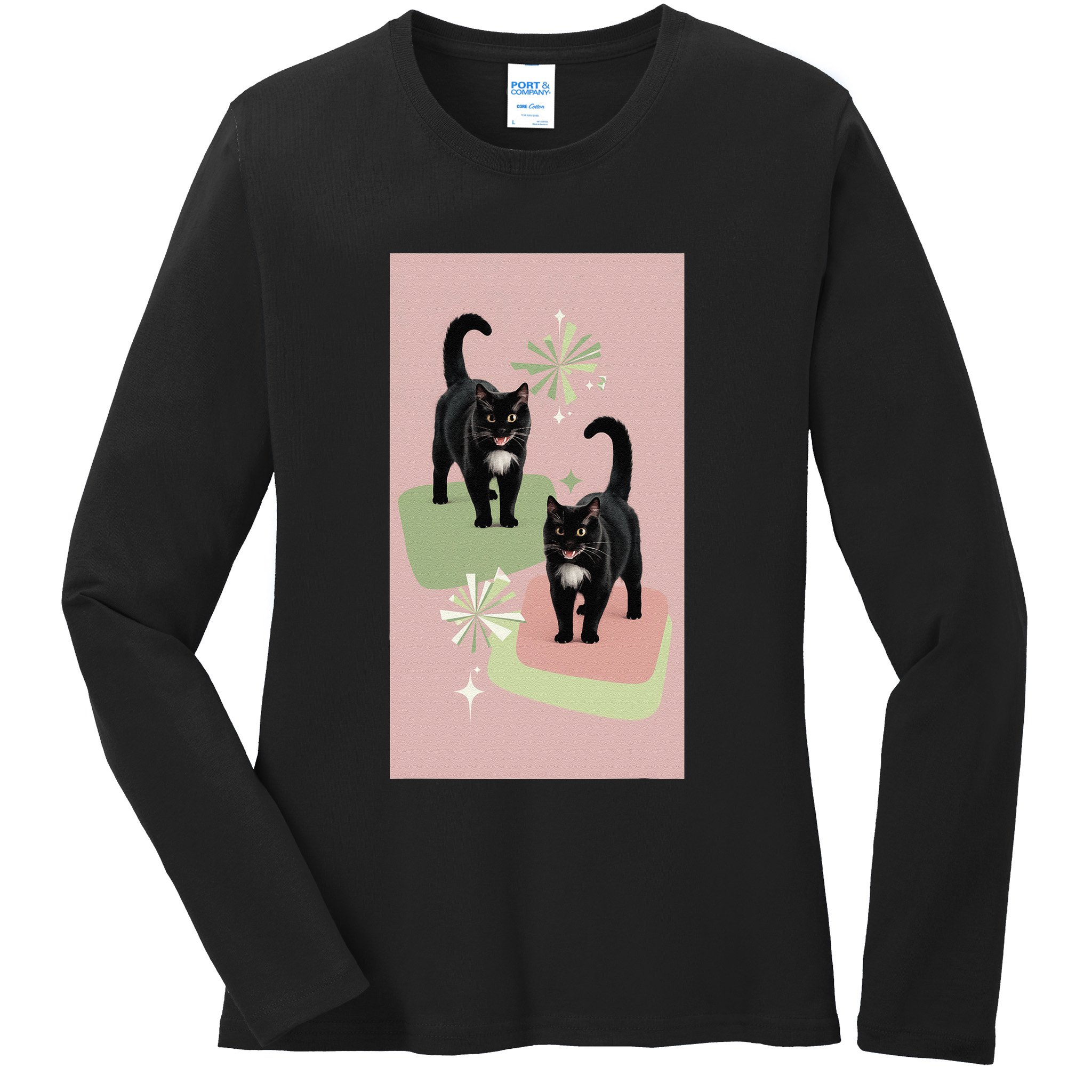 Mid Century Cats Atomic Cat Retro Pin.K 50s 60s Ladies Long Sleeve Shirt