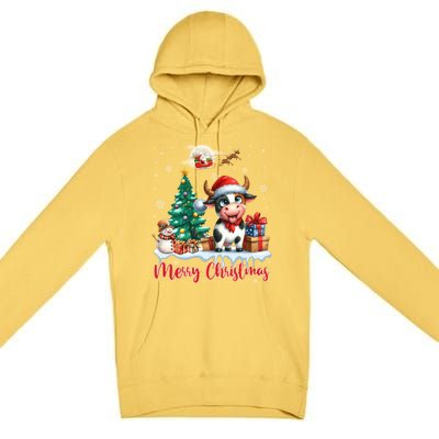 Merry Christmas Cute Cow Santa Hat Cow Lovers Christmas Tree Gift Premium Pullover Hoodie