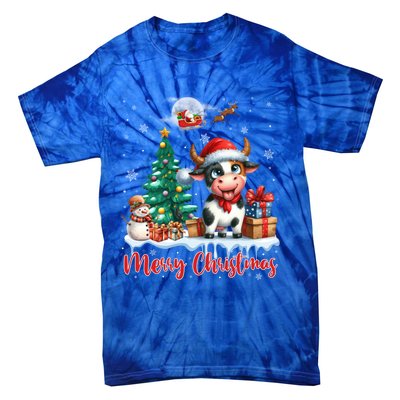 Merry Christmas Cute Cow Santa Hat Cow Lovers Christmas Tree Gift Tie-Dye T-Shirt