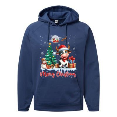 Merry Christmas Cute Cow Santa Hat Cow Lovers Christmas Tree Gift Performance Fleece Hoodie