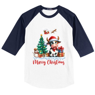 Merry Christmas Cute Cow Santa Hat Cow Lovers Christmas Tree Gift Baseball Sleeve Shirt