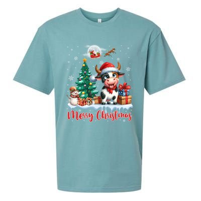 Merry Christmas Cute Cow Santa Hat Cow Lovers Christmas Tree Gift Sueded Cloud Jersey T-Shirt