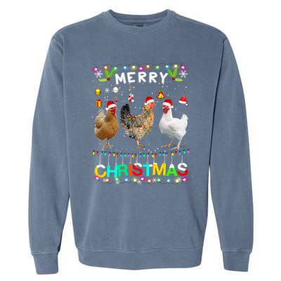 Merry Christmas Chicken Santa Hat Lights Xmas Funny Long Sleeve T Garment-Dyed Sweatshirt