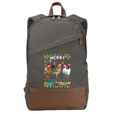 Merry Christmas Chicken Santa Hat Lights Xmas Funny Long Sleeve T Cotton Canvas Backpack