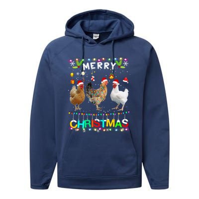 Merry Christmas Chicken Santa Hat Lights Xmas Funny Long Sleeve T Performance Fleece Hoodie